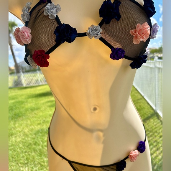 Mesh Two Piece Floral Bra and G string set with Satin Rose Buds . - Picture 10 of 10